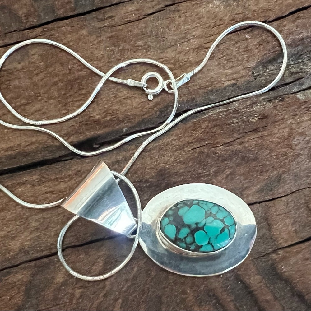 Navajo NecklaceTurquoise Spider Web Pendant  Sheryl Martinez Silver Green Black